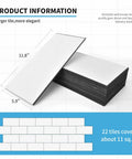 White Peel And Stick Backsplash Panels For Kitchen And Bathroom Waterproof Self Adhesive Subway Tiles DIY Friendly Large 5.9 X 11.8 Inch Easy Install 22 Piece Set Covers 10.63 Sq Ft product information with dimensions and coverage area.