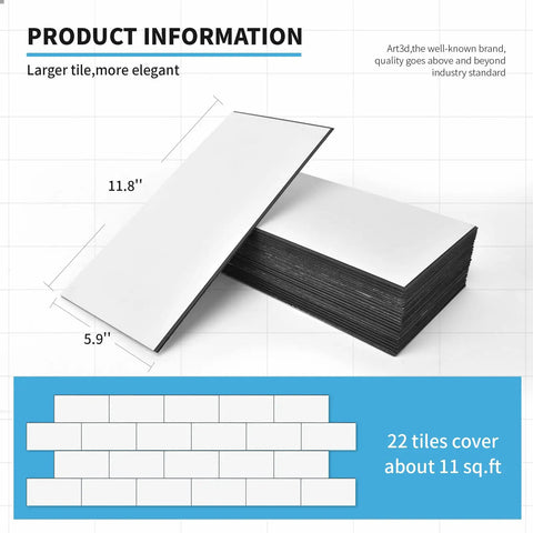 White Peel And Stick Backsplash Panels For Kitchen And Bathroom Waterproof Self Adhesive Subway Tiles DIY Friendly Large 5.9 X 11.8 Inch Easy Install 22 Piece Set Covers 10.63 Sq Ft product information with dimensions and coverage area.
