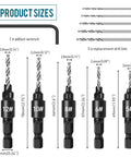 3 In 1 Wood Countersink Drill Bit Set With Adjustable Depth Stop, Includes 5 To 12, 82 Degree Chamfer, size details shown