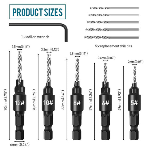 3 In 1 Wood Countersink Drill Bit Set With Adjustable Depth Stop, Includes 5 To 12, 82 Degree Chamfer, size details shown
