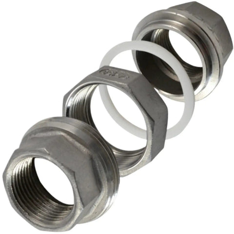 Built Tough 304 Stainless Steel Union Coupling Pipe Fitting With Tight Bspt Threads, showing hex nuts and sealing ring.