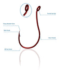 Red octopus hook labeled with features from Beginner Fishing Tackle Kit 80 Pcs With Hooks Bobbers Sinkers Circle Octopus Hooks Starter Set.