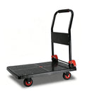 Heavy Duty Folding Platform Hand Truck With Foldable Handle, Flatbed Dolly Cart With Silent Wheels, Workhorse Portable Moving Trolley For Warehouse, Office, Home And Luggage, Easy Storage, 73 By 47 black folding platform hand truck with red silent wheels