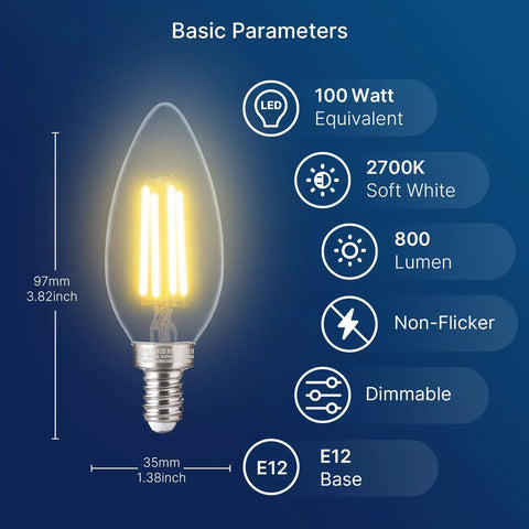 Diagram showing 100W Equivalent LED Candelabra Bulbs, 800 Lumens Dimmable B11 E12 Chandelier Lights, 5.5W, 2700K Soft White features