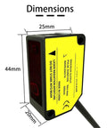 High Precision Laser Displacement Sensor With 200 Millimeter Range dimensions showing 25mm width and 44mm height, ideal for calibration gear.