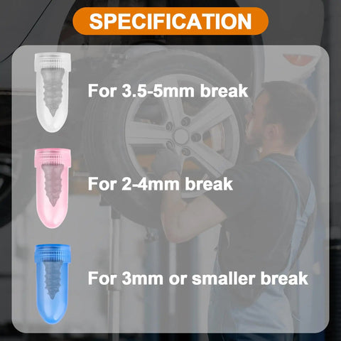 100 Piece Tire Plug Kit with Three Sizes of Tire Repair Screws and a Screwdriver, specifications show screw sizes for car repairs.