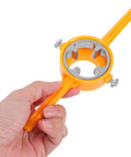 Get This Killer Gririw Pvc Thread Maker Tool Set For Plumbing Jobs, orange manual pipe threader held in a hand.