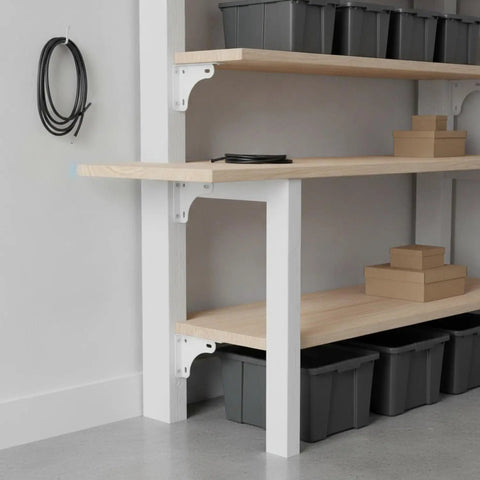 Transform Cluttered Garages Into Organized Spaces With A 6 Inch White Angle Steel Shelf Bracket For Heavy Duty Shelving Rock Solid L Shaped Support Featuring Pre Drilled Holes
