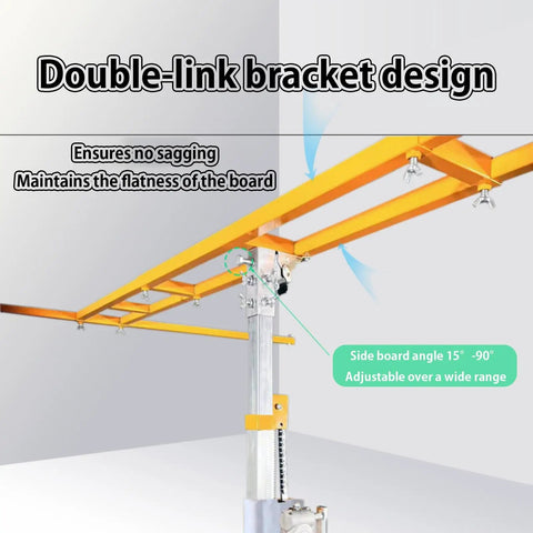Heavy Duty Drywall Lift And Sheetrock Hoist With Telescopic Arm showing the double-link bracket design for even panel support.