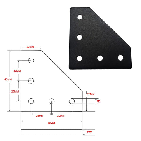 Front view of 20x20mm Aluminum Extrusion Corner Bracket Kit L Shape 5 Hole Connector With 50 T Nuts 50 Screws And Wrench For 2020 Series