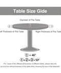 Table size guide showing diameter and thickness dimensions for Wood Grain Round Tablecloth With Elastic Edge Spill Proof Waterproof And Oil Proof Fitted Cover For Indoor Outdoor Patio Tables 48 Inch Diameter Wipeable Stain Resistant Fits Round Tables From 46 To 50 Inches.
