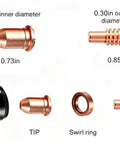 Plasma Cutter Consumables Kit 23 Pieces Replacement For Titanium Plasma65 Ti PC65 IPT 65 Models 56255 56811 59182 58895 59164 Includes Electrodes Nozzles Cups Standoff Guide Swirl Ring Shield Cap Direct Replacement Plug And Play close-up of nozzle and electrode sizes.