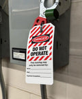 All Weather Lockout Tags On A Roll Built Tough As Nails For Rough Job Sites, featuring a 'DO NOT OPERATE' tag on electrical equipment.