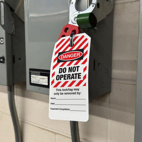 All Weather Lockout Tags On A Roll Built Tough As Nails For Rough Job Sites, featuring a 'DO NOT OPERATE' tag on electrical equipment.
