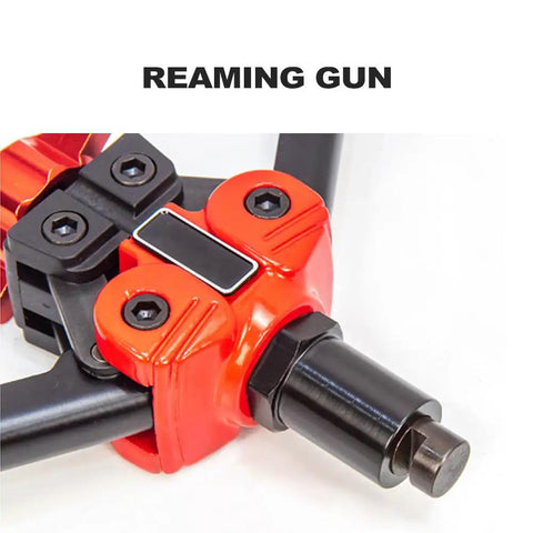 Heavy Duty Rivet Nut Tool Kit With Ergonomic Handle For Sheet Metal And Auto Jobs. No Tool Change Needed. Tough Steel Build Includes 10 Rivets And Nuts Plus Sturdy Case. red and black reaming gun head with steel body