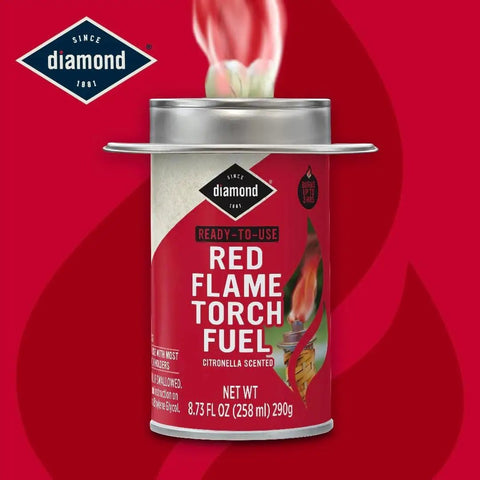 Front view of a Red Flame Torch Fuel Citronella Scented Ready To Use No Spill No Mess 8 Ounce Container with a red flame, 4 Pack