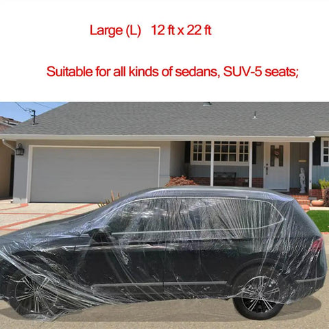 4-Pack Universal Car Cover Rain Dust Protection With Elastic Hem Lightweight Clear Plastic Covers Fits SUV in driveway