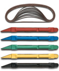 Sanding Detailer Kit With 5 Color Coded Sticks And 2 Extra Replacement Belts Per Stick In 120 240 320 400 600 Grit For Wood Metal And Plastic Made In USA Long Life Sanding Belts Hexagon Grip For Smooth Finish On Pro DIY Projects featuring colored sticks with belts