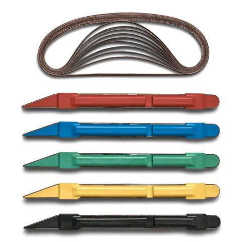 Sanding Detailer Kit With 5 Color Coded Sticks And 2 Extra Replacement Belts Per Stick In 120 240 320 400 600 Grit For Wood Metal And Plastic Made In USA Long Life Sanding Belts Hexagon Grip For Smooth Finish On Pro DIY Projects featuring colored sticks with belts