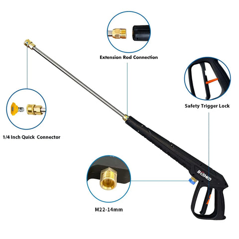 Heavy Duty Pressure Washer Gun Kit With 37 Inch Extension Wand, M22 Fitting, Five Nozzle Tips, 3000 PSI Power Washer Hand Gun For Tough Outdoor Cleaning diagram showing parts and connections.