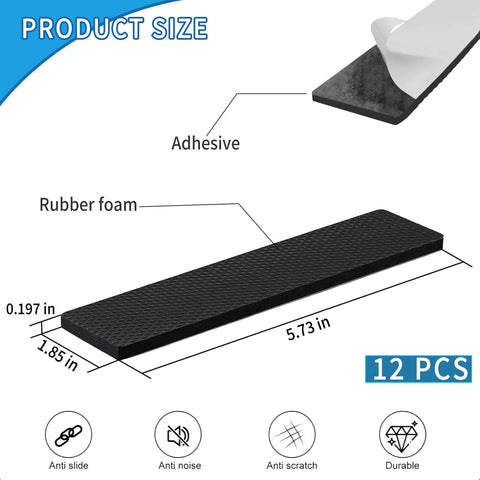 Premium Thick Furniture Pads 12 Piece Kit Features Heavy Duty Self Adhesive Non Slip Grippers That Stay Locked Down And Prevent Couches From Slipping On Wood Floors, measuring 5.73 by 1.85 inches.