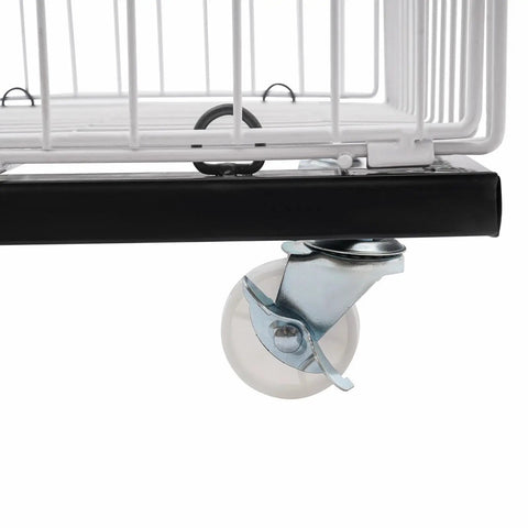 Built Tough Five Tier Rolling Wire Display Rack With Heavy Duty Caster Wheels, Angled Mesh Baskets, And Reinforced Steel Frame Designed To Handle Big Loads Smoothly For Retail Floors, Home Organization, Or Garage Gear In Fresh White