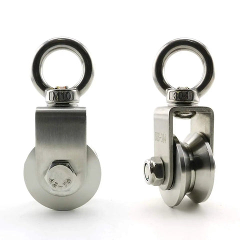 Front and side view of Beefy V Type Swivel Pulley With 360 Degree Rotation Ultra Silent Detachable Duplex Bearing Stainless Steel 304