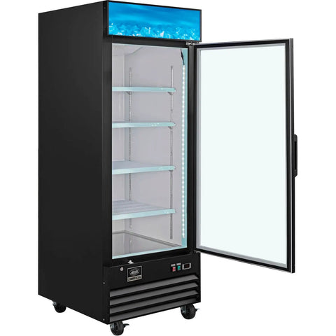 Pro Grade Merchandiser Freezer With 23 Cubic Foot Capacity Slick Black Finish Built Tough For Busy Shops Features four epoxy shelves and open door.