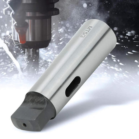 Morse taper drill sleeve adapter MT5 to MT3, silver steel, close-up side view.