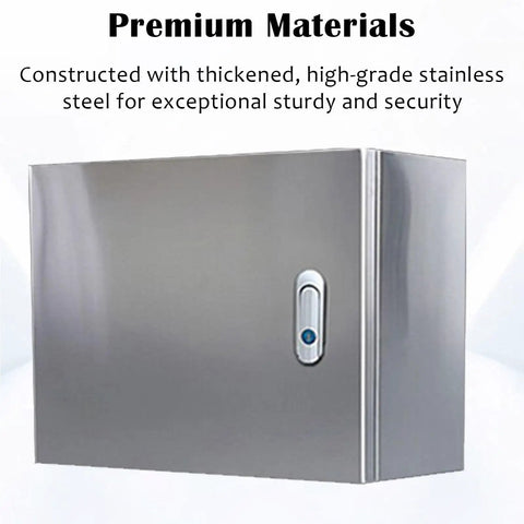 Heavy Duty Stainless Steel Electrical Junction Box For Factories And Workshops A Boss Level Weatherproof Enclosure That Keeps Wiring Safe And Components Secure On The Shop Floor In A Tough 12 By 36 By 4 Inches Two Millimeter Thick Metal Chest. Front view of 12x36x4 inch stainless steel junction box with lock