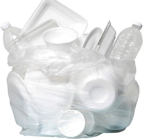 Heavy Duty Clear Trash Bags 1000 Count 12 To 16 Gallon Size 24 By 33 Inch Coreless Rolls With A Rock Solid Leak Proof Star Seal filled with waste.