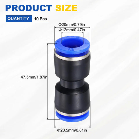 10 Pack Pneumatic Straight Push To Connect Tube Fittings 0.47 Inch Tube OD Plastic Union Blue Quick Connects For Air Lines And Factory Pneumatic Systems showing single fitting dimensions.