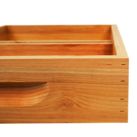 Side view of Top Frame Bee Feeder With Floats For Beekeeping 10 Frame Hive Top Feeder in beeswax dipped wood, showing sturdy design