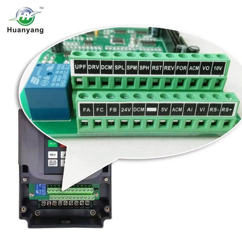 VFD Inverter For 3 Phase Motors From Single-Phase, control panel with labeled terminals and internal components