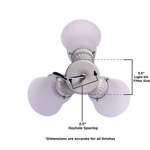 Three Light LED Ceiling Fan Light Kit In Brushed Nickel With Frosted Ribbed Glass Shades, top view showing dimensions for 42 Inch Fans.