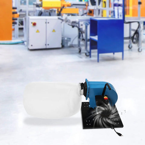 Powerful 1HP Wall Mounted Dust Collector With 550 CFM Strong Suction And 14.8 Gallon Collection Bag in a workshop setting.