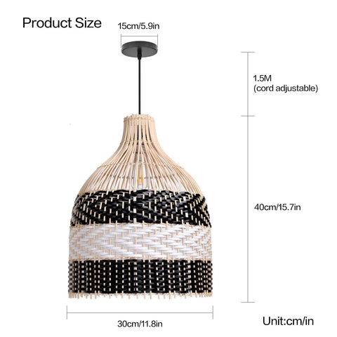 Rattan Pendant Light For Kitchen Island And Living Room And Bedroom Boho Woven Chandelier Handmade Ceiling Lamp With Safe Durable Build And E26 E27 Bulb Compatibility Ideal For Modern Rustic Homes, showing dimensions and adjustable cord