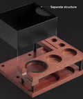 Solid Walnut Coffee Tamping Station And Espresso Knock Box Featuring Double Layer Accessory Storage Fits 51 54 58mm Portafilters with removable knock box.