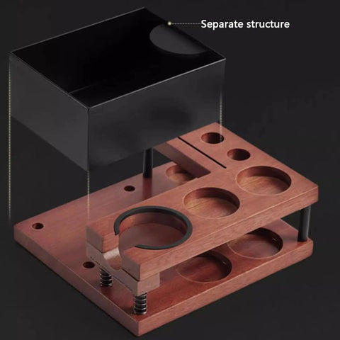 Solid Walnut Coffee Tamping Station And Espresso Knock Box Featuring Double Layer Accessory Storage Fits 51 54 58mm Portafilters with removable knock box.