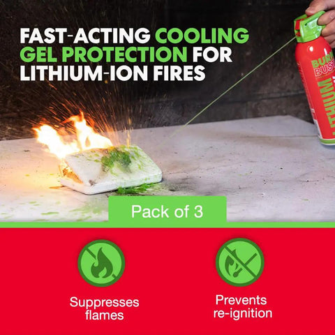 Lithium-Ion Battery Fire Extinguishing Gel 3-Pack for Electronics, Fast Fire Suppression That Stops Thermal Runaway, 14oz canister shown.
