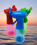 Three Pack Portable Misting Fan Instant Chill Airflow Battery Powered Compact Cooler For Camping Office Park with blue, green, and red fans.