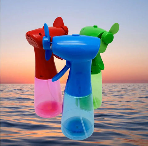 Three Pack Portable Misting Fan Instant Chill Airflow Battery Powered Compact Cooler For Camping Office Park with blue, green, and red fans.