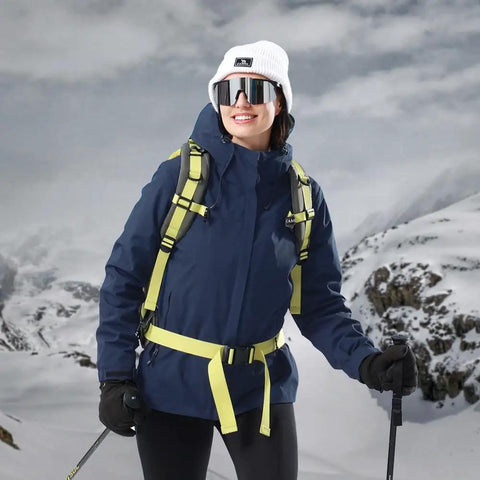 Woman wearing 3 In 1 Winter Ski Jacket With Fleece Liner, Waterproof Outer Shell And Windproof Inner Layer, snow-capped mountains background