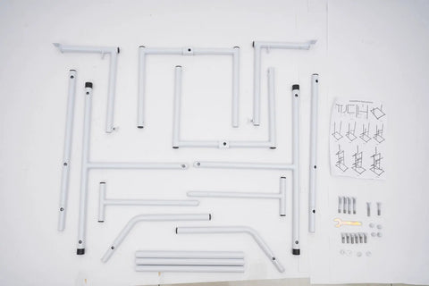 Heavy Duty Dual Pail Tipper Rack Hella Tough Steel Bucket Holder parts layout with installation instructions and tools.