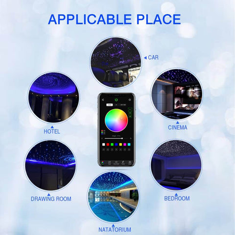 Starlight Headliner Kit Twinkle RGBW Fiber Optic Star Ceiling Lights applicable places overview with remote control image.