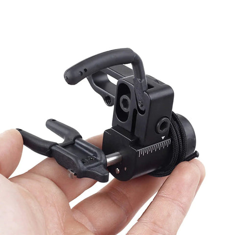 Close-up of Drop Away Arrow Rest for Compound Bow, Aluminum Alloy CNC Machined, Right Hand, adjustable mount in hand
