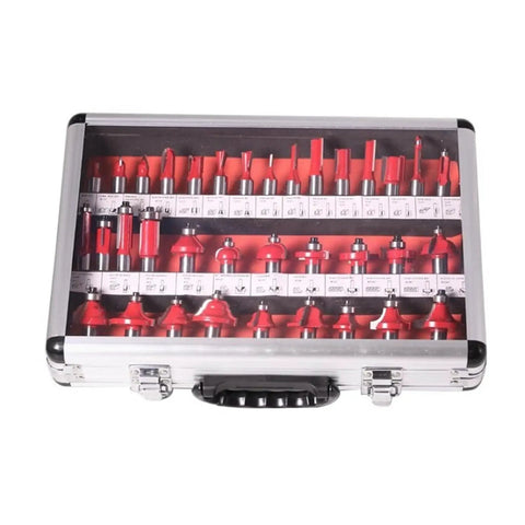35 Piece Router Bit Set With 12 Mm Shank Tungsten Carbide Woodworking Milling Cutters Heavy Duty Blades displayed in a storage case.