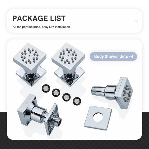 Brass Shower Body Spray Jets Kit With Two Function Massage, four chrome square sprayer heads, NPT 1/2 inch connectors