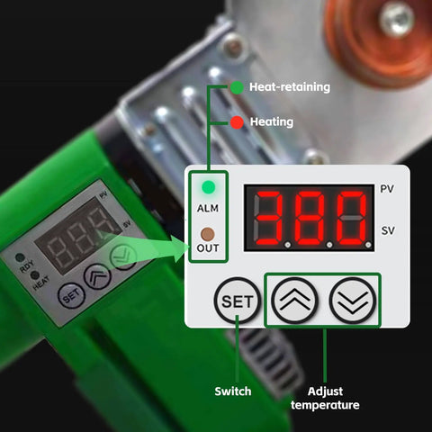 Temperature control display on Plastic Water Pipe Welder For PP PP-R PE PP-C Fusion Machine with die heads shown