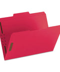Letter Size Red Fastener Folders With Heavy Duty Embedded Straps And Assorted One Third Cut Tabs For Hustle Free Filing And Crisp Office Archiving Pack Of Fifty, showing open folders in vibrant red.
